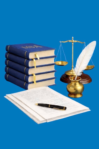 Legal books, scales of justice, and quill