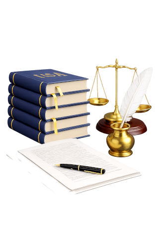 Legal books, scales of justice, and quill